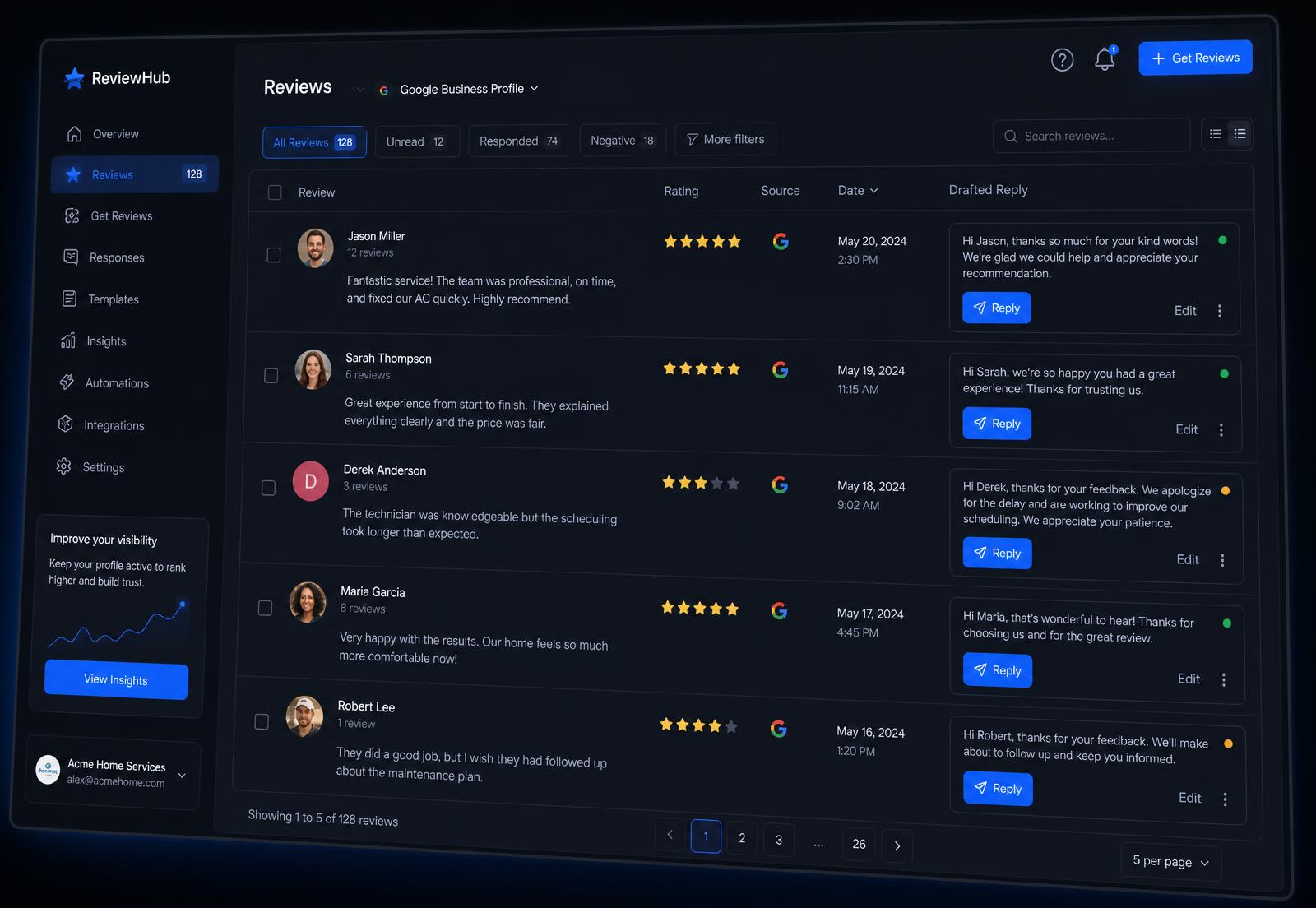 Review Respond Pro dashboard showing Google reviews with drafted replies